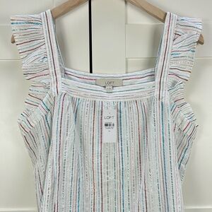 LOFT White Striped Ruffle-Shoulder Sleeveless Top